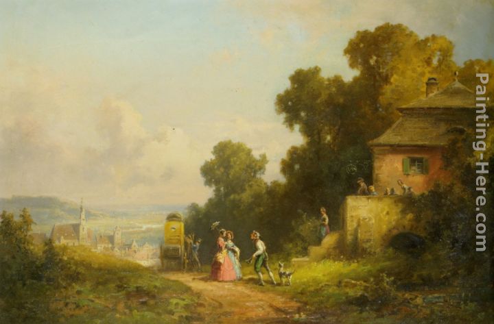 Figures and a Carriage on a Path with a Village Beyond painting - Willy Moralt Figures and a Carriage on a Path with a Village Beyond art painting